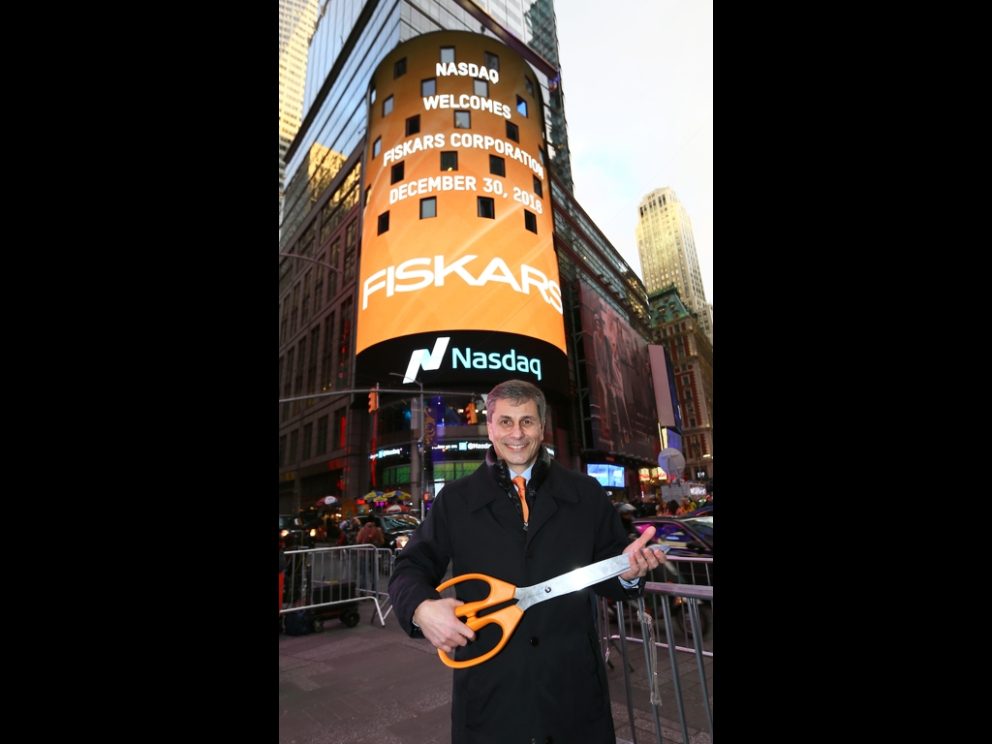 Kari Kauniskangas, President and CEO, Fiskars Corporation, is pictured outside the NASDAQ Marketsite in New York's Times Square after ringing the closing bell on the last trading day of the year, Friday, Dec. 30, 2016. (Stuart Ramson/AP Images for Fi